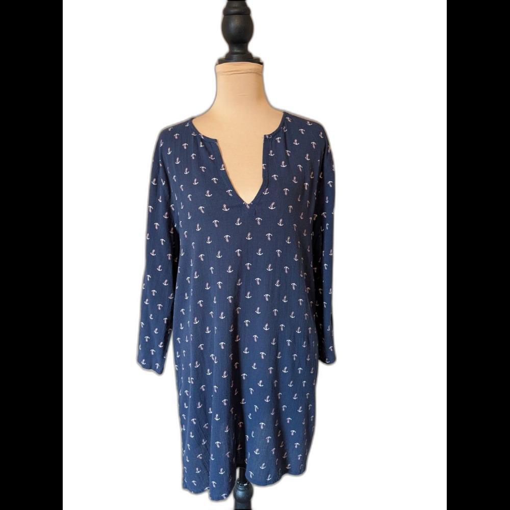 J. Crew Navy Anchor-Print Long Sleeve V-Neck Dress